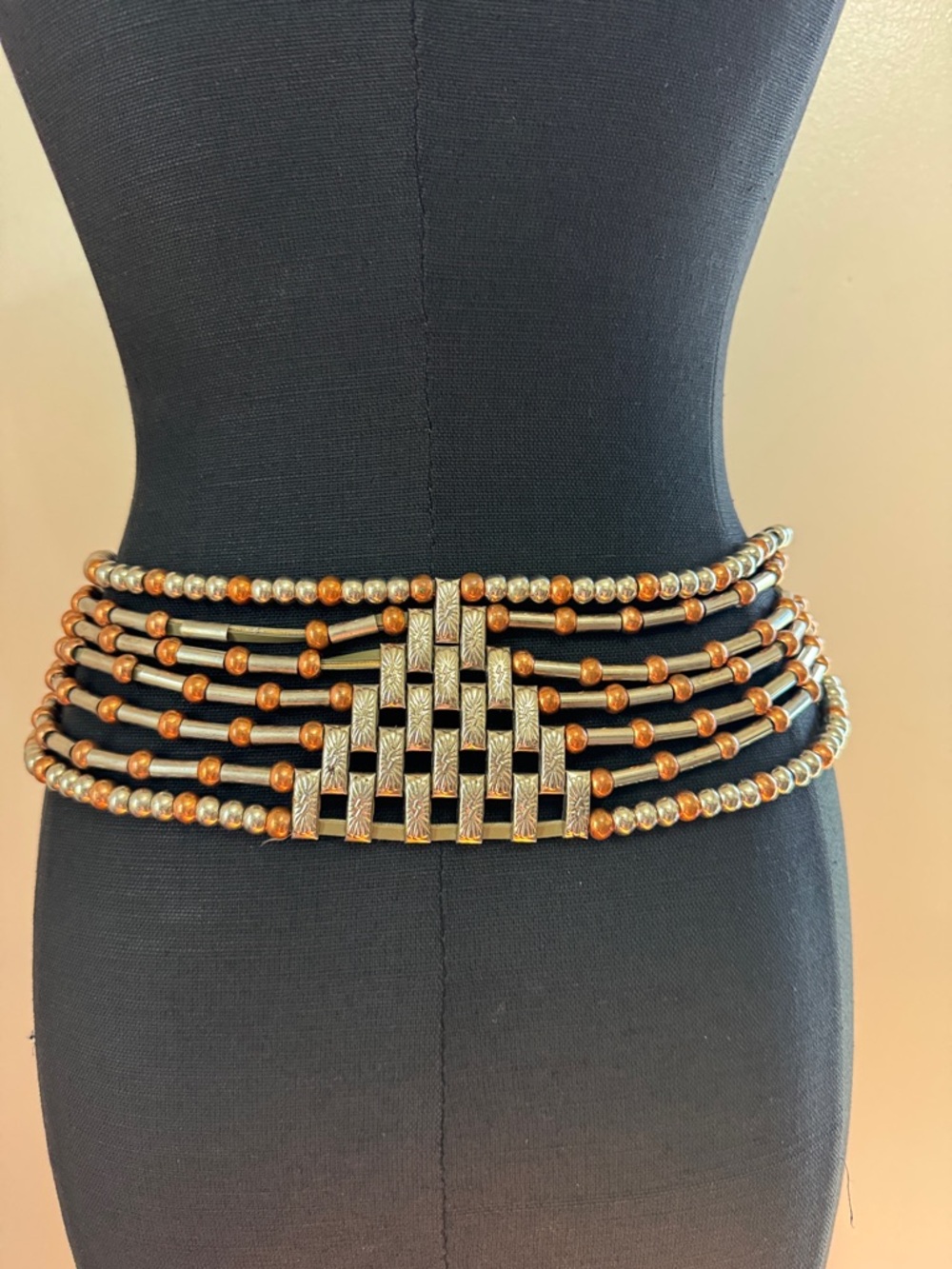Beaded Waist Belt with Leather and Metallic Accent